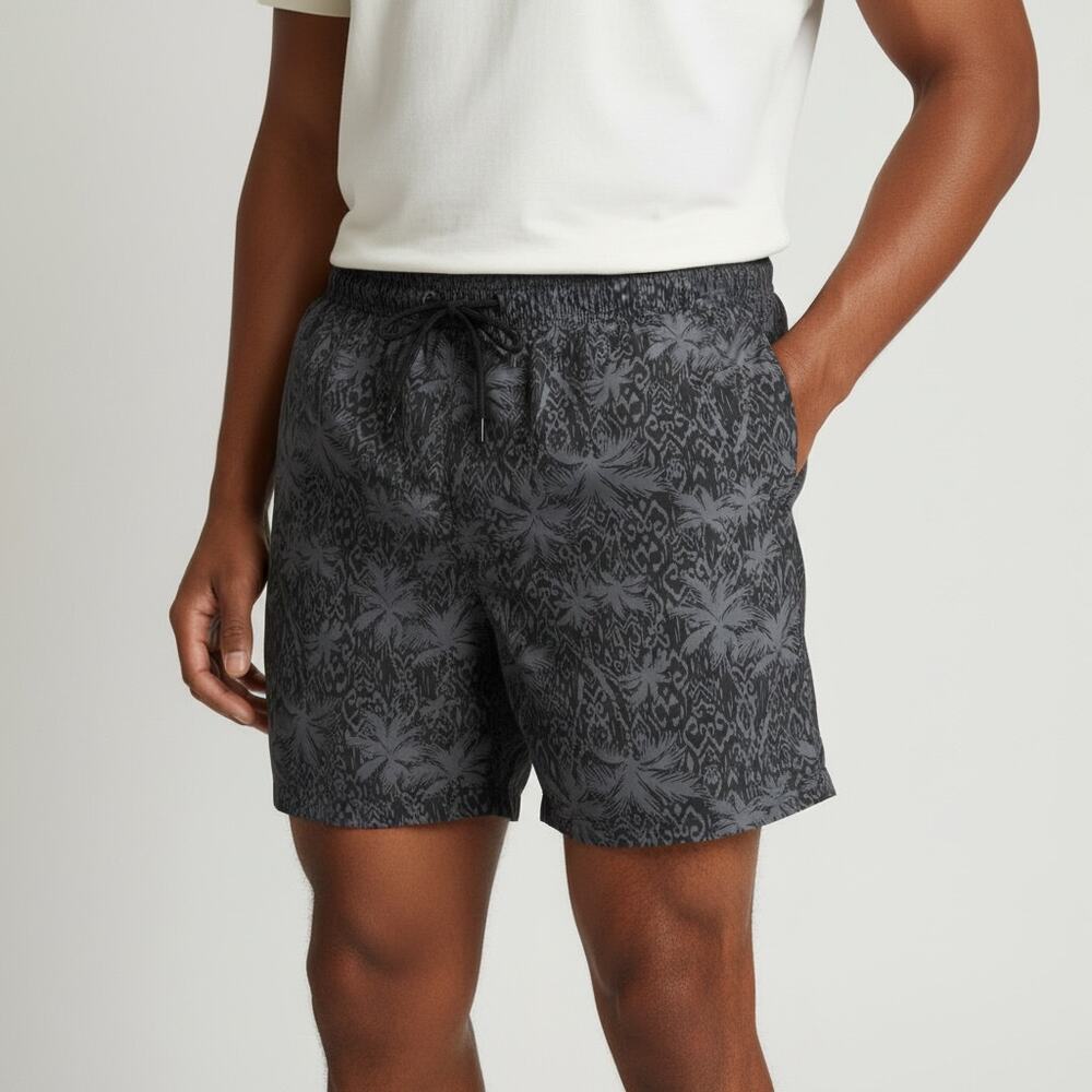 Free Assembly Men’s Swim Trunks Black Palm Print - 5” Inseam - Size 3XL - NWT